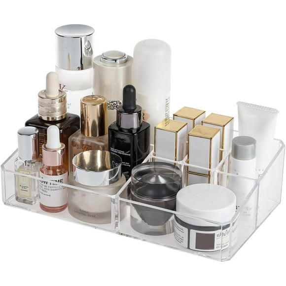 shiyou-Plastic Makeup Storage Organizer, Clear Cosmetics Display Case for Bathroom Counter, Dresser, Small Vanity Holder for Beauty Supplies, Makeup Brushes, Perfume, Lipsticks (8 Compartment)