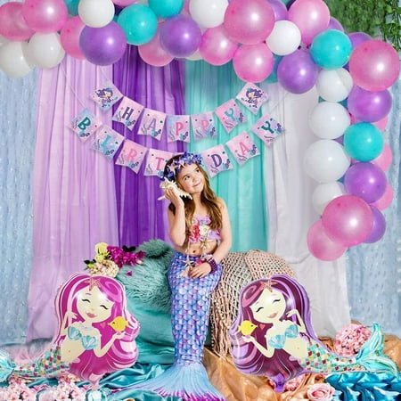 Under The Sea Mermaid Party Decorations for Girls Mermaid Party Supplies Mermaid Banner Mermaid Foil Balloons Latex Garland & Arch Kit Blue & Purple Nautical Decor