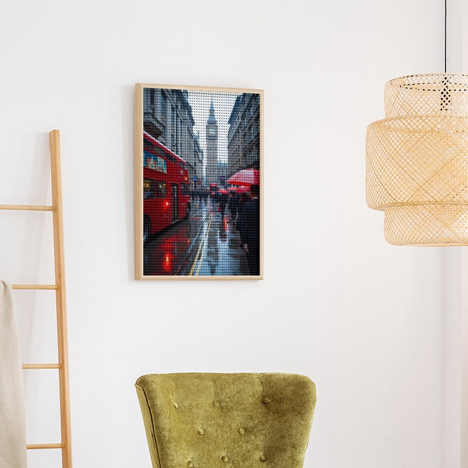 Diamond Art Kits for Adults - London Rainy Day Red Buses Umbrellas 5d Diamond Painting for Adults, Diamond Art for Adults Beginners, Frameless Diamond Painting Kits for Adults for Home Wall Decor