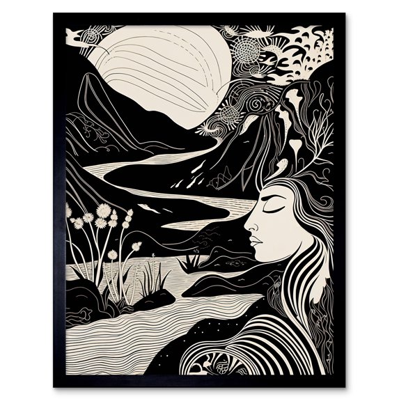 Earth Goddess River Mountain Landscape Linocut Art Print Framed Poster Wall Decor 12x16 inch