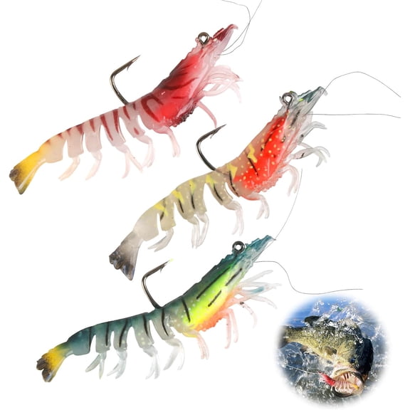 3 Pcs Pre-Rigged Fishing Jigs, Shrimp Soft Fishing Lure of Silicone Lead core and High Carbon Steel, Saltwater Catfish Bait Bass Fishing Lure for Trout Walleye River Lake Reservoir Pond Ocean