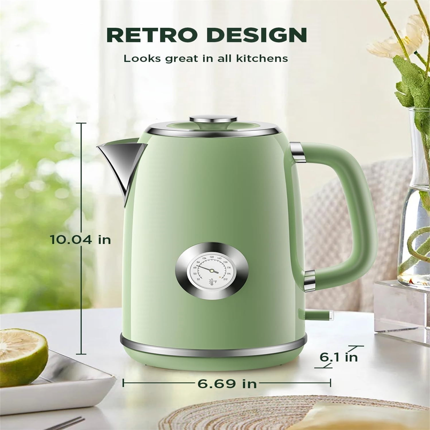 1.8L with Temperature Gauge, 1500W Fast Boiling Electric Tea Kettle, 100% Stainless Steel Retro-Style Hot Water Kettle Electric - Glowing LED Light, Auto Shut-Off & Boil-Dry Protection