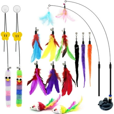 PayUSD 4-in-1 Interactive Cat Feather Toys,12Pcs Durable Fishing Pole Cat Feather Toy Replacements,Enhanced Suction Cup Cat Wand Toy,2 Types Door Hanging Cat String Toy for Indoor Kitten Cats