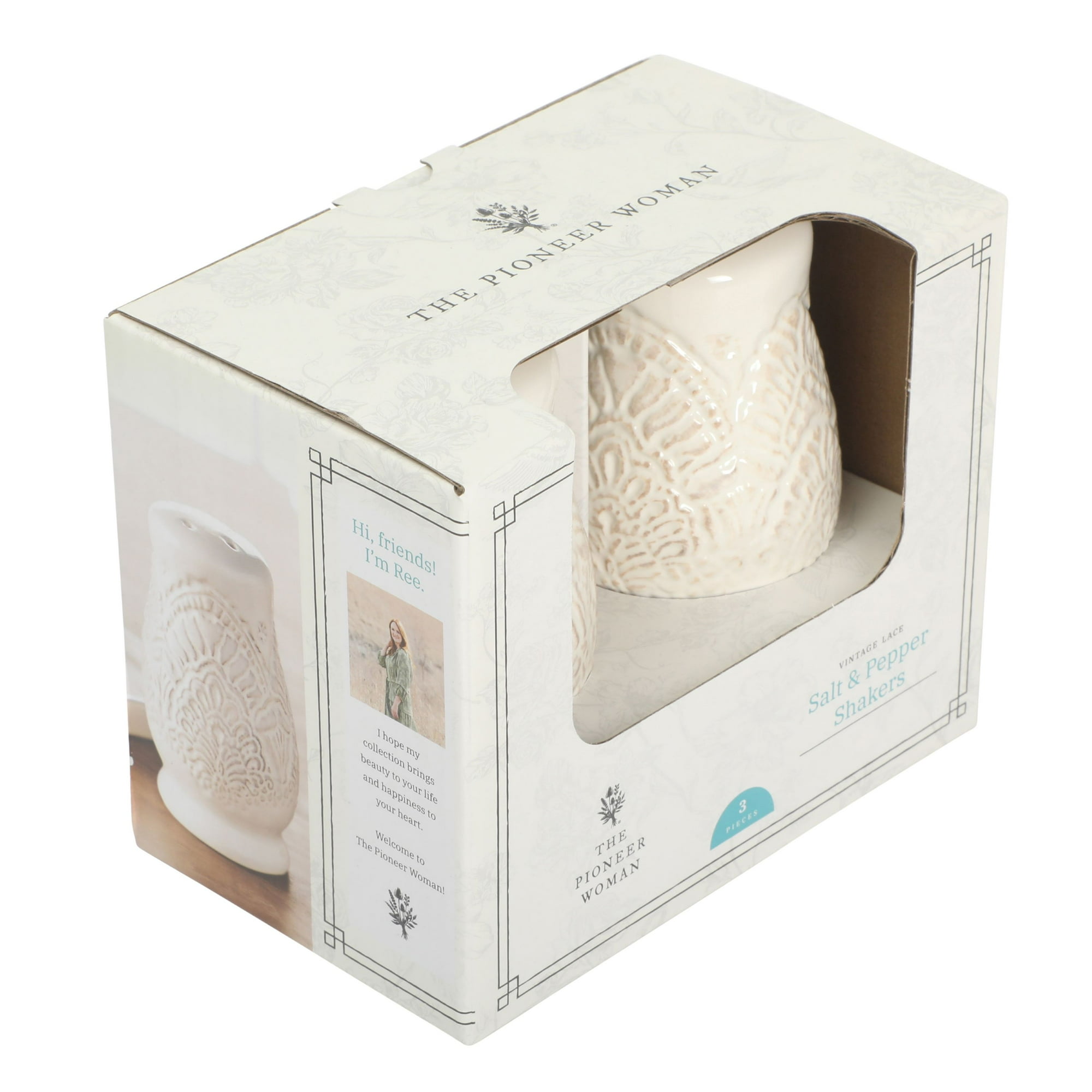 The Pioneer Woman Vintage Lace Stoneware Salt & Pepper Shaker Set, Linen