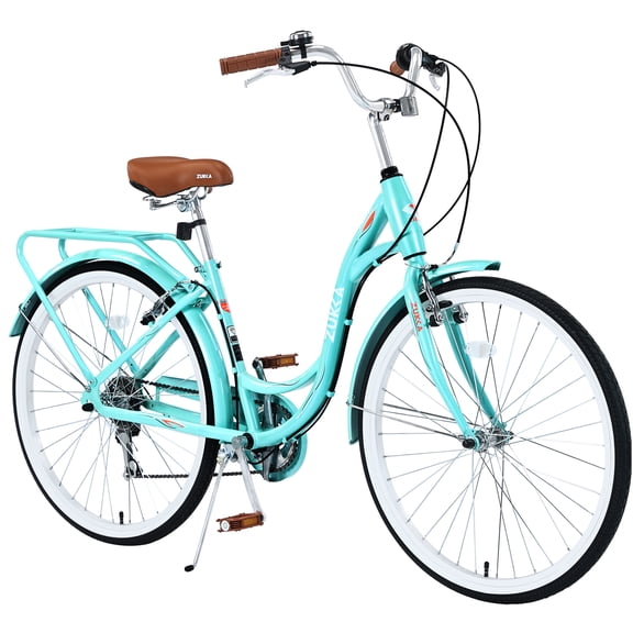 JERFIT Women's 24 Inch Bicycle, 7-Speed Commuter Bike with Steel Frame, Blue and Green Step-Thru City Bike for Adults