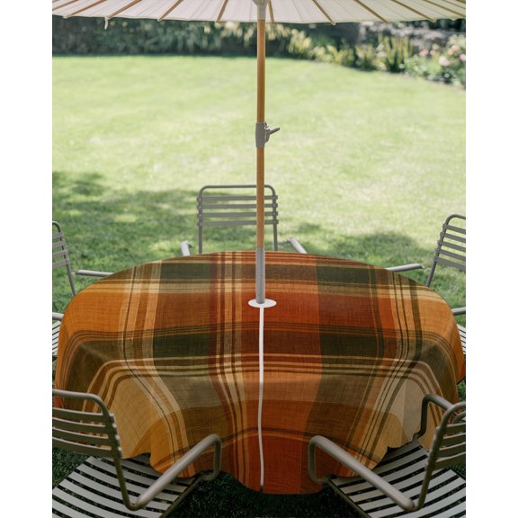 Outdoor Tablecloth with Umbrella Hole, Vintage Fall Brown Lattice Plaid Zippered Table Cloth for Square Tables, Autumn Buffalo Check Linen Washable Waterproof Tablecloths for Picnic Patio Garden
