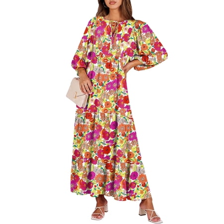 ANRABESS Womens Boho Maxi Dresses 2026 Summer V Neck Puff Sleeve Floral Flowy Swing Fall Casual Long Dress Purple Orange Floral Large