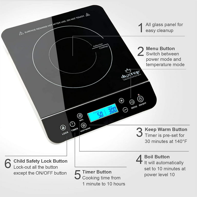  Duxtop Portable Induction Cooktop, Countertop Burner Induction  Hot Plate with LCD Sensor Touch 1800 Watts, Silver 9600LS/BT-200DZ