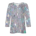 thumbnail image 4 of Feancey Women's Henley Tops Loose Fit 3/4 Sleeve V Neck Blouse Dressy Trendy Sequin Print T Shirts Spring Casual Button Up Tunics Pullover Tee Silver 3XL, 4 of 5