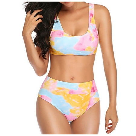 

EUMODR Sports Bra And Shorts Set Bathing Suit With Shorts for Women High Swimsuit Waist Print Fashion Split Bikini Tie-Dye Women S Swimwears Tankinis Set