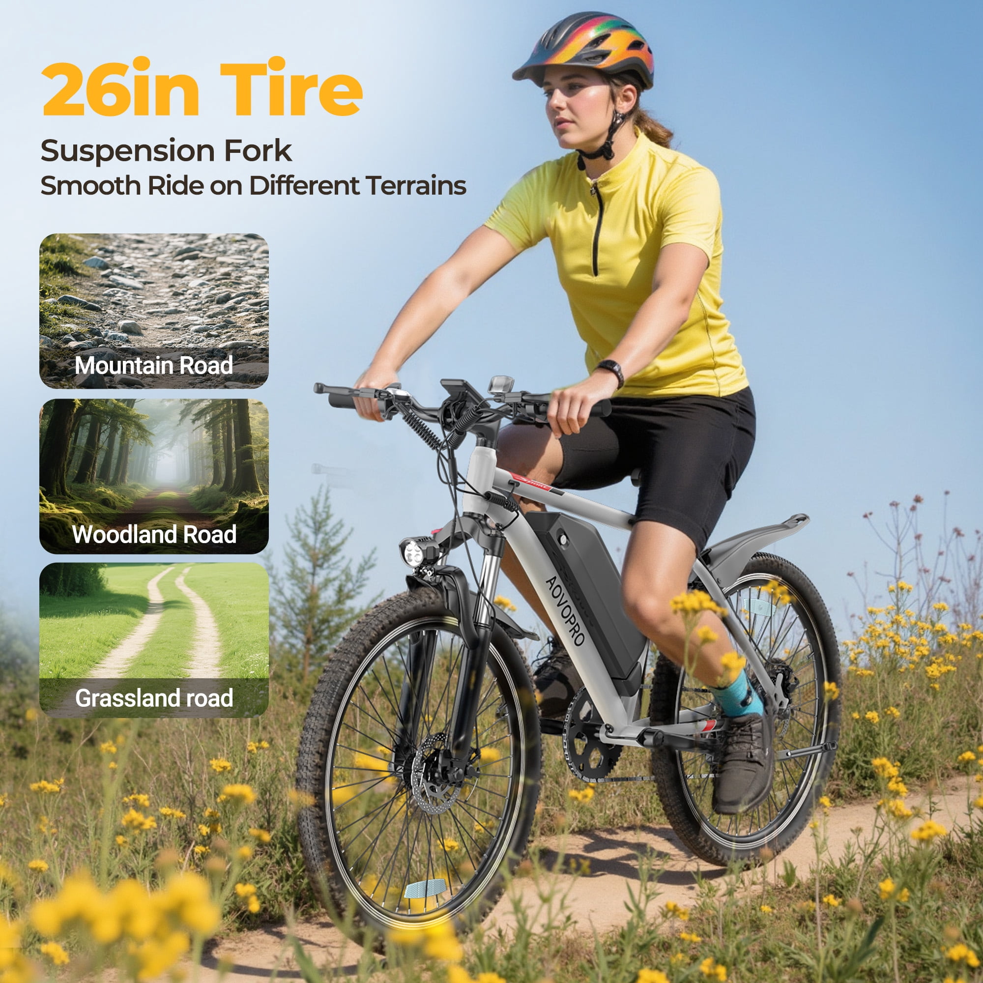 AOVOPRO BK1350 White Adult Electric Bicycles, 350W 26" Electric Mountain Bicycle, 48V Battery, 22Mph Electric Mountain Bike, Adjustable 7 Speed E-Bikes for Adults UL2849