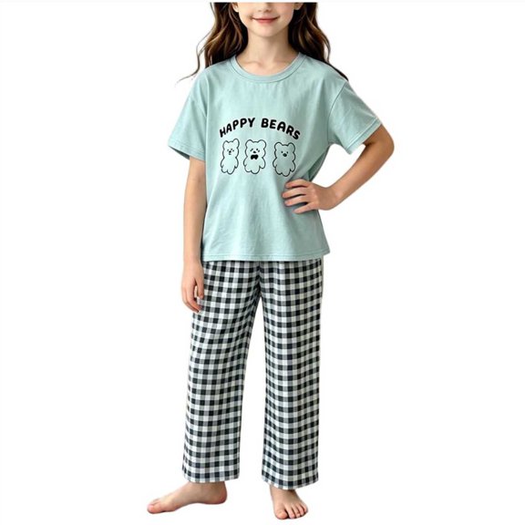 WRKEKC Kids Summer Outfits Bear Print Round Neck Short Sleeve Top and Plaid Long Pants Set for 2-15 Years