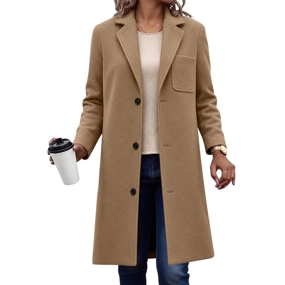 SHENGXINY Women's Mid Length Notched Lapel Pea Coat Single Breasted Trench Coat Texture Fall Winter Warm Overcoat Clothes Khaki S