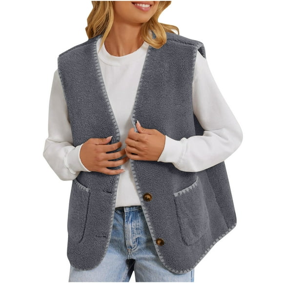 Drses Women's Fuzzy Fleece Vest Sleeveless Colorblock Sherpa Jacket Button Down Outerwear with Pockets