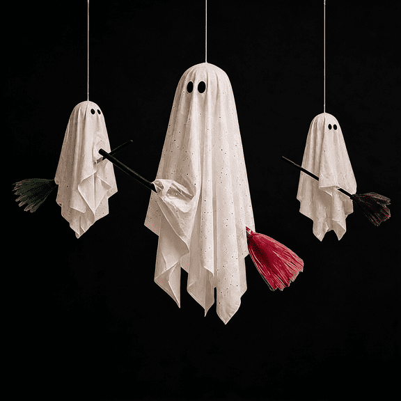 Hanging Ghosts Decorations Outdoor,3 Pack Cute Flying Ghosts on Brooms for Halloween Porch Yard Patio Tree Indoor Green