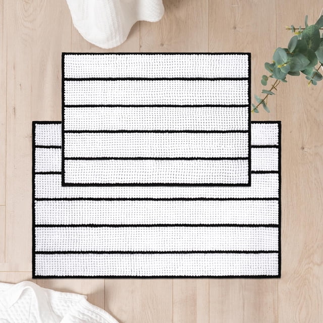 Juego de alfombras de baño FRESHMINT Stripe Chenille, 2 piezas, color blanco
