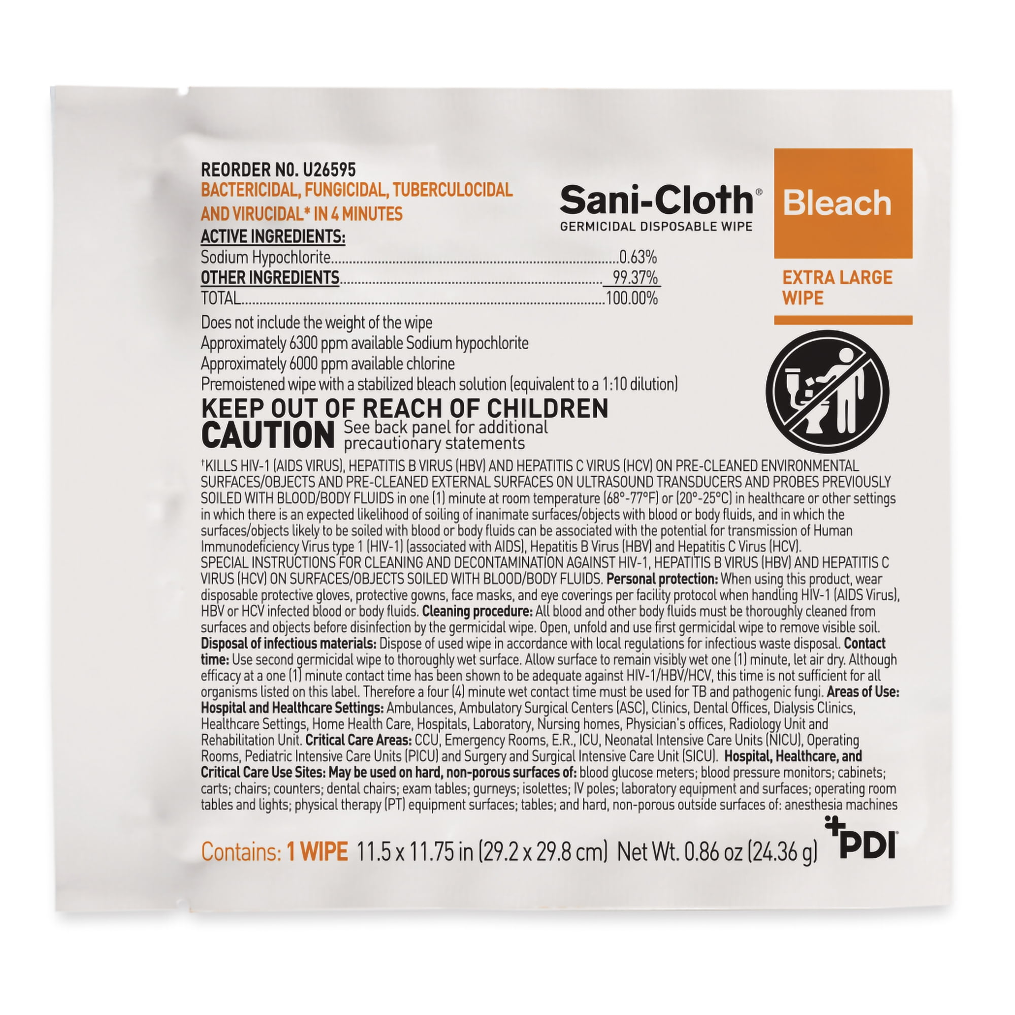Sani-Cloth Bleach Wipes Disinfecting Surface Cleaner, 11.5 in x 11.75 in, 40 Wipes, 1 Pack