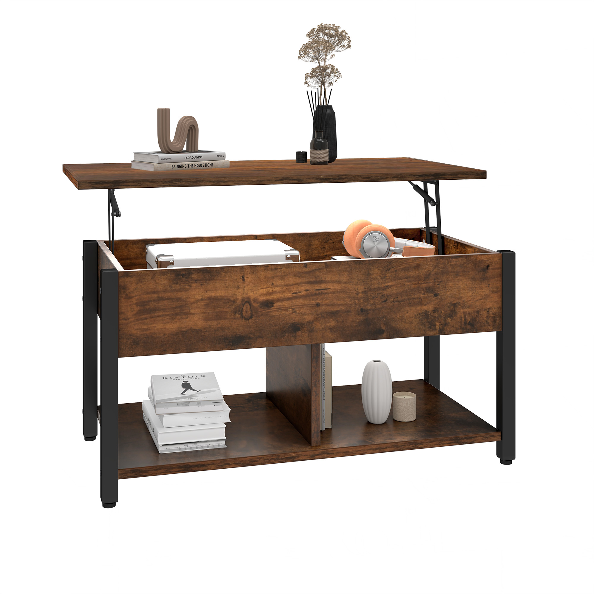 Uforic Coffee Table with Storage, Lift-Top Wooden Center Table for Home & Office, Rustic Brown