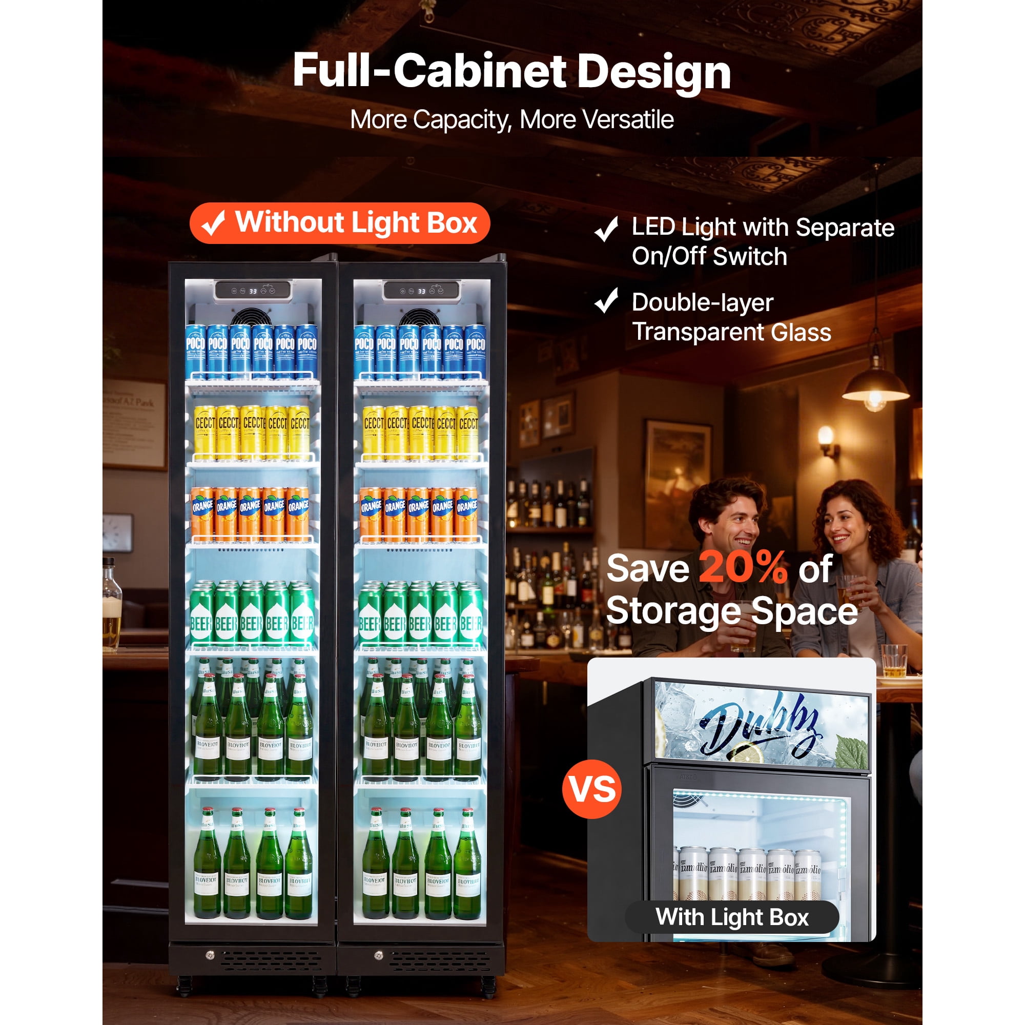 KFFKFF Commercial Glass Door Refrigerator, 8.3 Cu.Ft / 235 L Upright Beverage Cooler with Adjustable Shelves, LED Lighting & Casters for Homes, Shops, and Bars