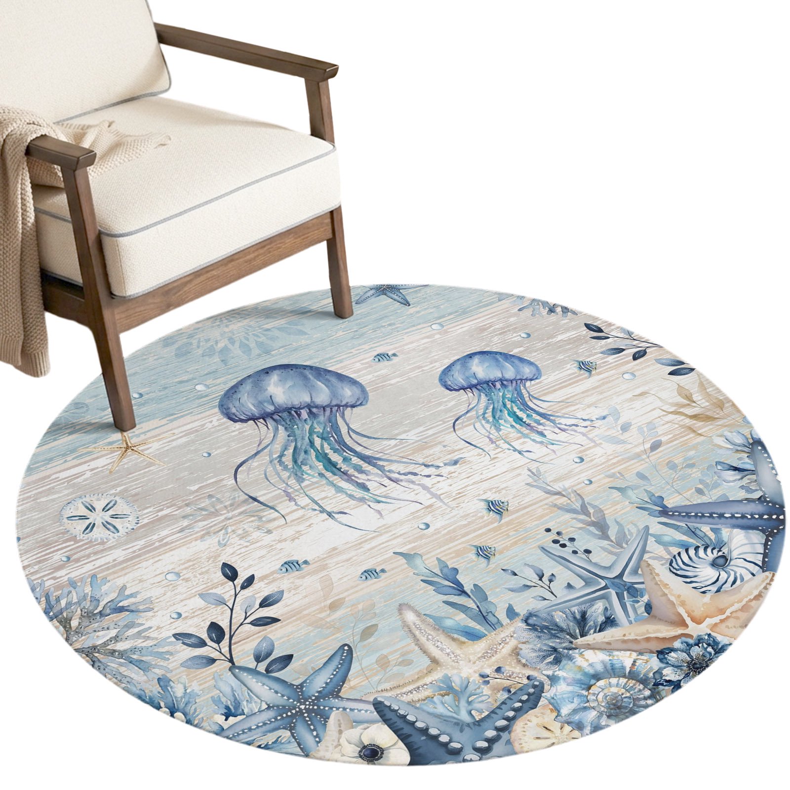 3ft Soft Round Area Rugs Retro Ocean Jellyfish Starfish Indoor Carpet for Living Room Bedroom Nursery Washable Circle Floor Mats Conch Gradient Leaves Decor