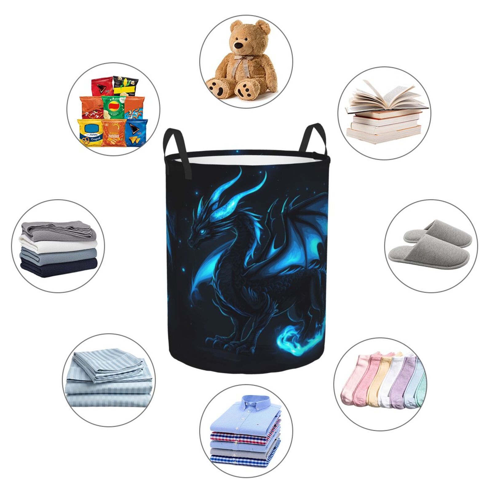 Large Laundry Basket with Handles - Blue Flame Dragon Aura Kids Baby Dirty Clothes Laundry Hamper for Bedroom Aesthetic