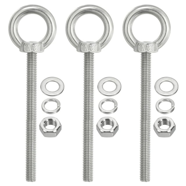 Uxcell M8 x 120mm Lifting Shoulder Eye Bolt Stainless Steel Lifting Ring Threaded Eyebolt with Nuts and Washers 3Pcs