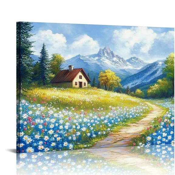 Patifu Canvas Wall Art Paintings, Blue Misty Mountains Country Cottage White Flowers Spring Landscape Wall Pictures Large for Living Room Bedroom Bathroom Home Decor Gift 20x16in