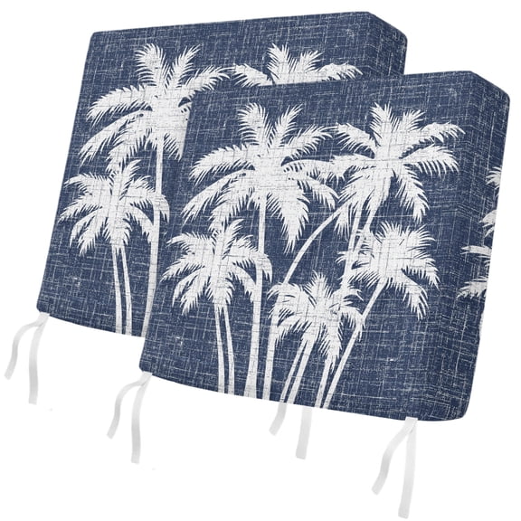 Outdoor Patio Cushion Covers 2 Pack Summer Tropical Palm Leaves Chair Pads Slipcovers with Ties & Zipper Waterproof Coastal Navy Blue Linen Seat Cushion Covers for Outdoor Couch Sofa 20x18 Inch