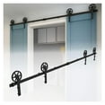 thumbnail image 1 of 4-12FT Sliding Barn Door Rails & Floor Guide, Black Big Spoke Wheels Hanger System Double Door Hardware Kits ,Easy to Install, 1 of 6