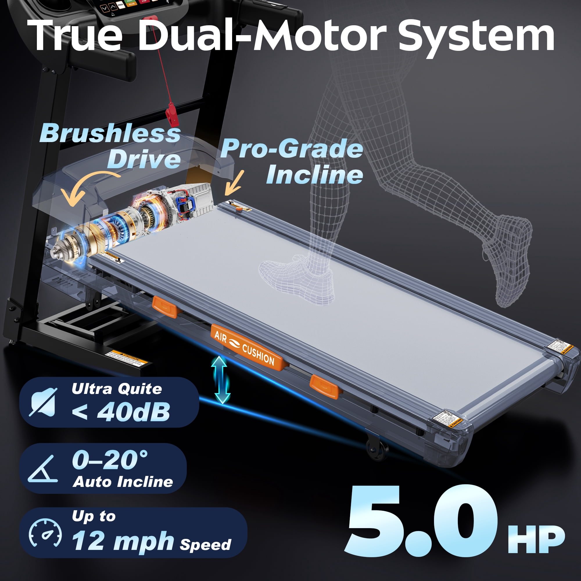 Treadmill for Home with Hydraulic Fold, Bluetooth Connectivity, 20-Level Incline, 12 MPH Speed, 400 LBS Capacity & Extra-Large Step Counter