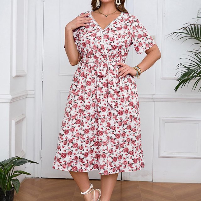 Ovzne Robes d'Été pour Femmes 2025 Robe Femme Mode Femme Imprimé Floral Dentelle Col en V Manches Courtes Taille Élastique Robe avec Poches Robe de Printemps Manches Courtes Imprimée Liquidation