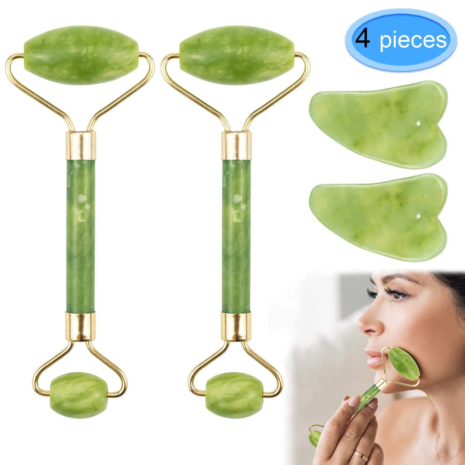 EAONE Jade Roller Eyes Facial Skin Massage Kits with 2 Pieces Face Gua Sha Tools for Face, Eyeball, Neck, Body Massage 4 Pack tools, 2 Pack