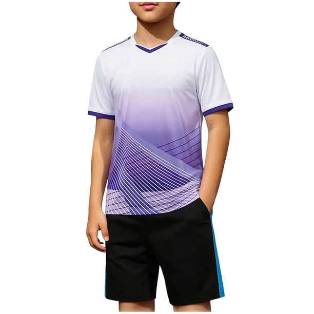 Odeerbi Niños Niñas Rápido Seco Juego de Entrenamiento de Fútbol Gradiente Geométrico Cuello En V Camiseta Shorts Conjunto Atlético Para 5-17 Años