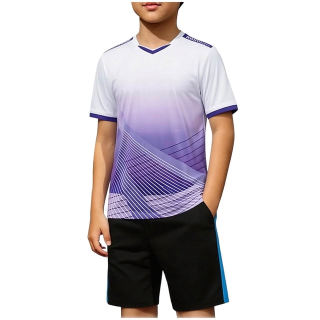 Odeerbi Niños Niñas Rápido Seco Juego de Entrenamiento de Fútbol Gradiente Geométrico Cuello En V Camiseta Shorts Conjunto Atlético Para 5-17 Años