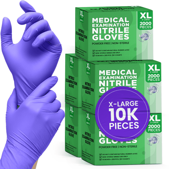 SAFEWAY USA Nitrile Gloves Disposable — Textured Fingertips, Non-Latex, Powder-Free and Multi-Purpose and Ambidextrous Design for House Cleaning, Food Prep, Esthetician and More—(10000 pcs, X-Large)