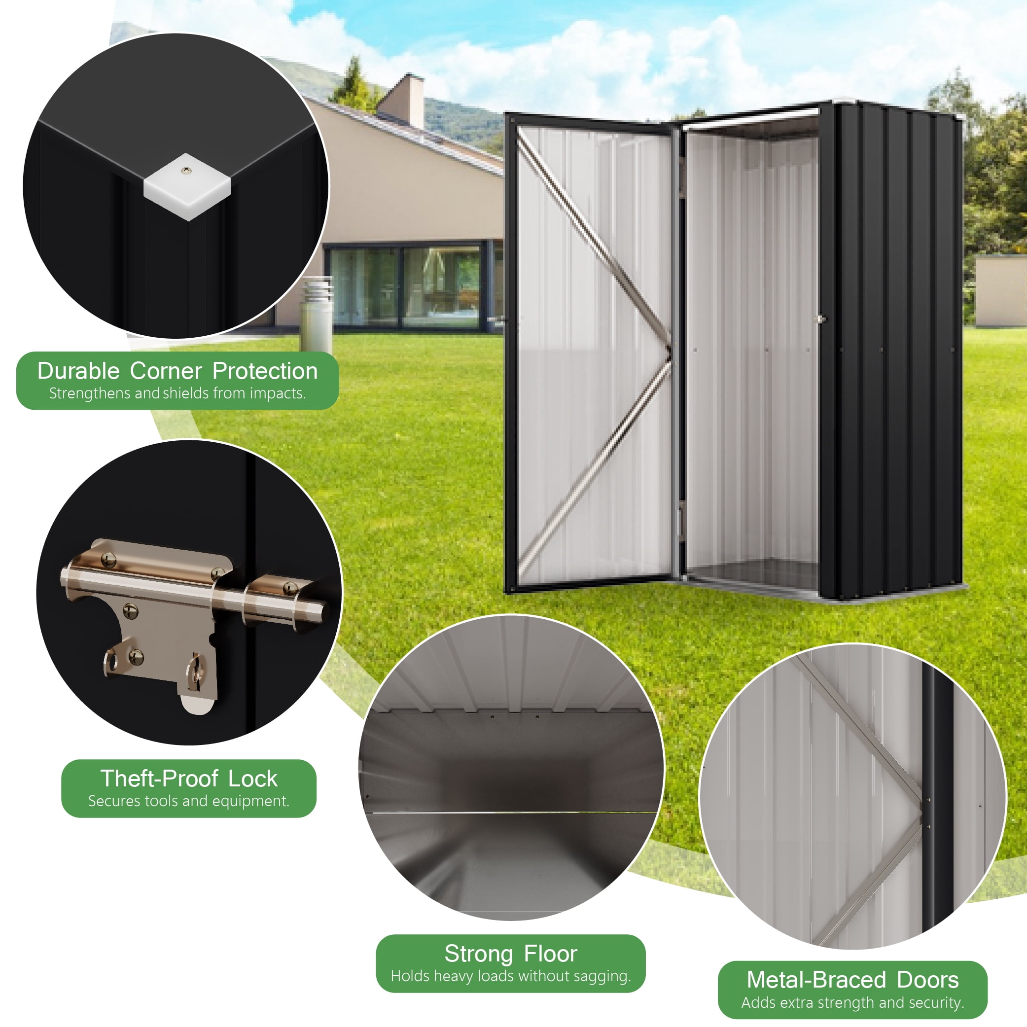 Patiowell, 21cu.ft Black Metal Storage Shed - Lockable All-Weather Garden Shed for Tools/Trash Bins