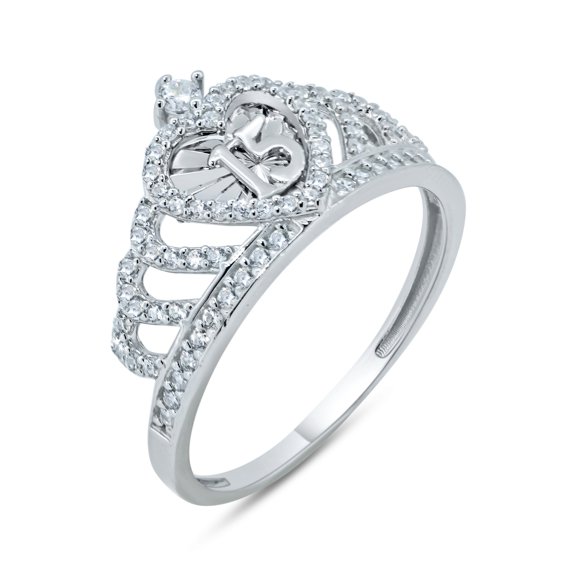 Sterling Silver 925 Rhodium Plated Quinceanera 15 Heart Crown Ring White CZ Female Size 6