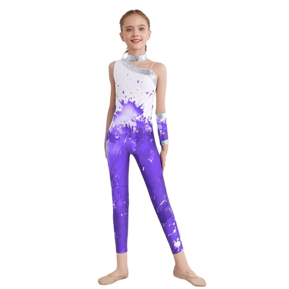 inlzdz Kids Girls Shiny Full Body Gymnastics Leotards Sequins Unitard Catsuit Dance Bodysuit Jumpsuit Purple 14