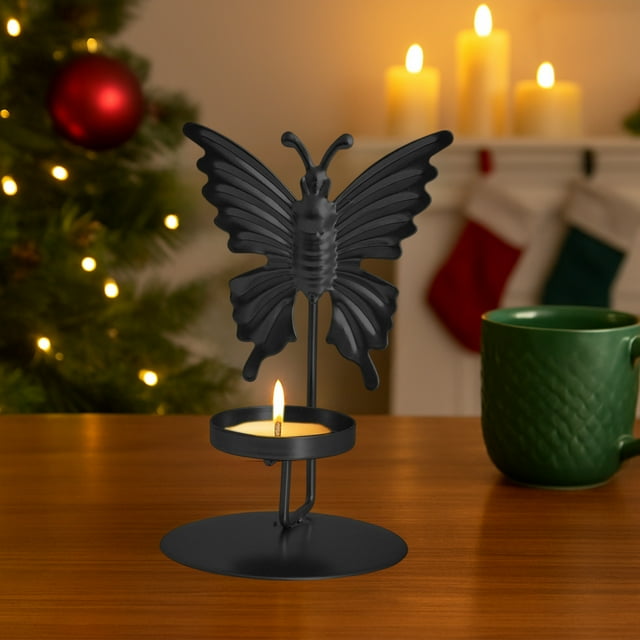 Juego de 5 candelabros de hierro forjado • Diseños de hoja de arce, mariposa, flor, ginkgo y hojas • Negro y dorado • 5,9" de altura • Mesa romántica y decoración del hogar