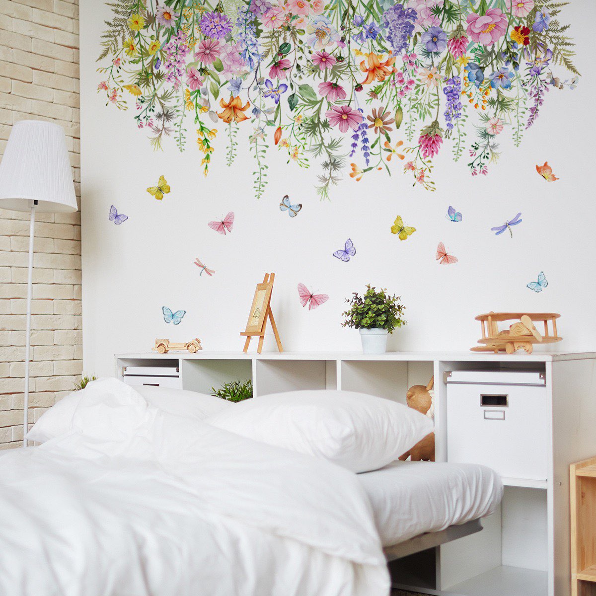 Watercolor flower stickers, flower and butterfly wall stickers, Daisy stickers, Peel and Stick Hanging Flower Plants Wall Decals for Bedroom Living Room Office Classroom Wall Décor