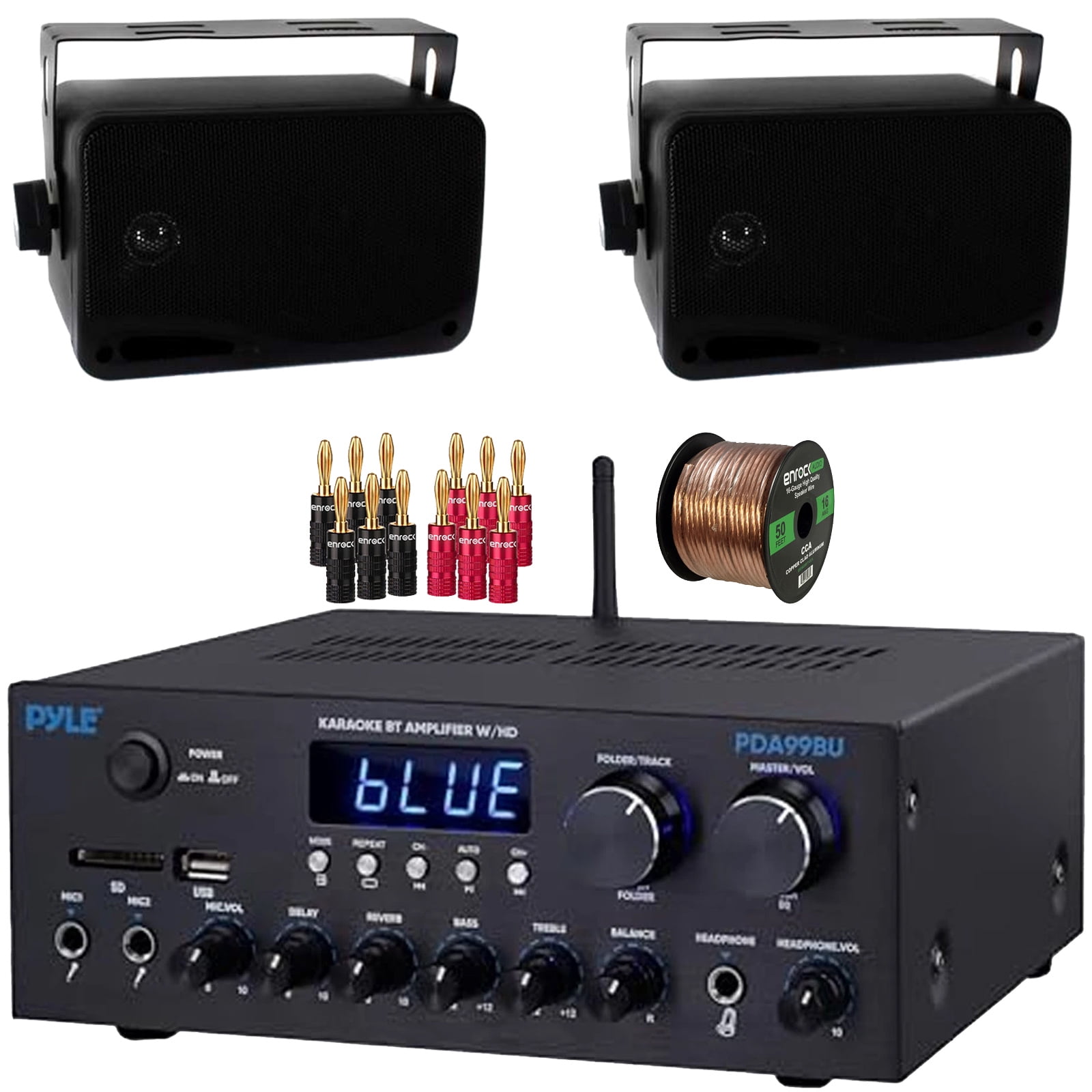 Pyle PDA99BU Bluetooth USB/AUX HDMI/MP3 Player FM Radio Home Audio Amplifier Receiver, 2x Pyle PLMR24B 3.5'' 200W Max Power 3-Way Indoor/Outdoor Wall Mount Black Speakers, Banana Plugs, Speaker Wire
