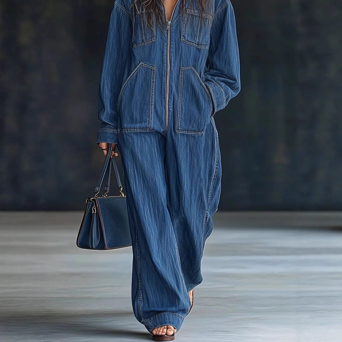 Women's Denim Jumpsuit Long Sleeve Hooded Zip Up One-Piece Casual Loose Fit Jean Romper With Pockets For Autumn Winter Travel