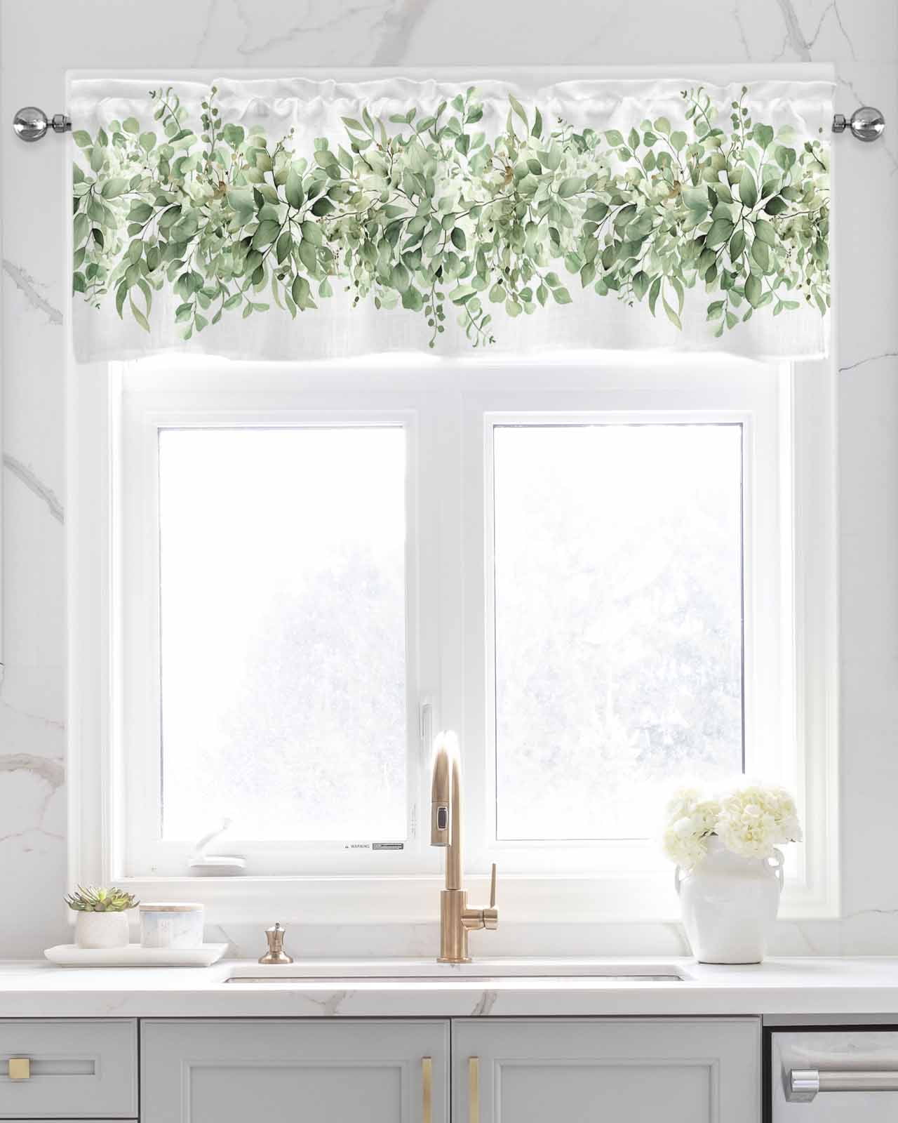 Sage Green Eucalyptus Linen Curtain Valance for Bedroom/Bathroom/Kitchen/Living/Dining Room Window,Country Nature Plant Leaves Botany White Pocket Topper Drapes Decorative Cafe Drapery Panel 54"x18"