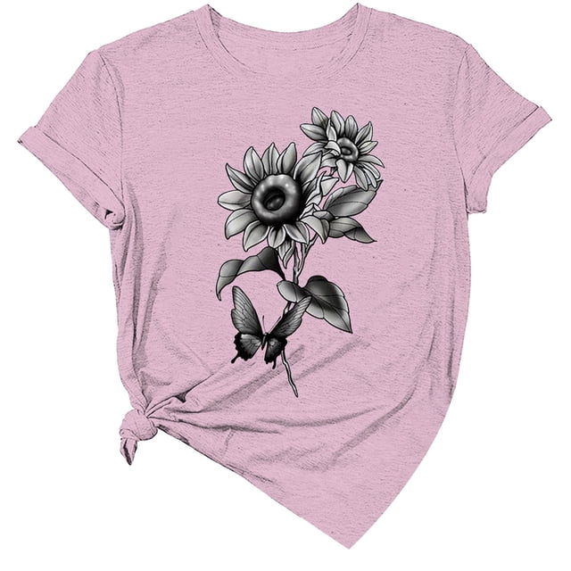 Liquidation! T-shirts Graphiques Uooqdmx, Chemises Florales pour Femmes, Chemises Tournesol pour Femmes, T-Shirt Décontracté à Manches Courtes et Col Rond pour le Printemps, Hauts de Printemps pour Femmes 2025, Rose P