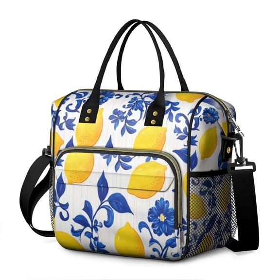 OBREWU Blue Lemon Women's Insulated Leakproof Large Lunch Bag, Oxford Cloth