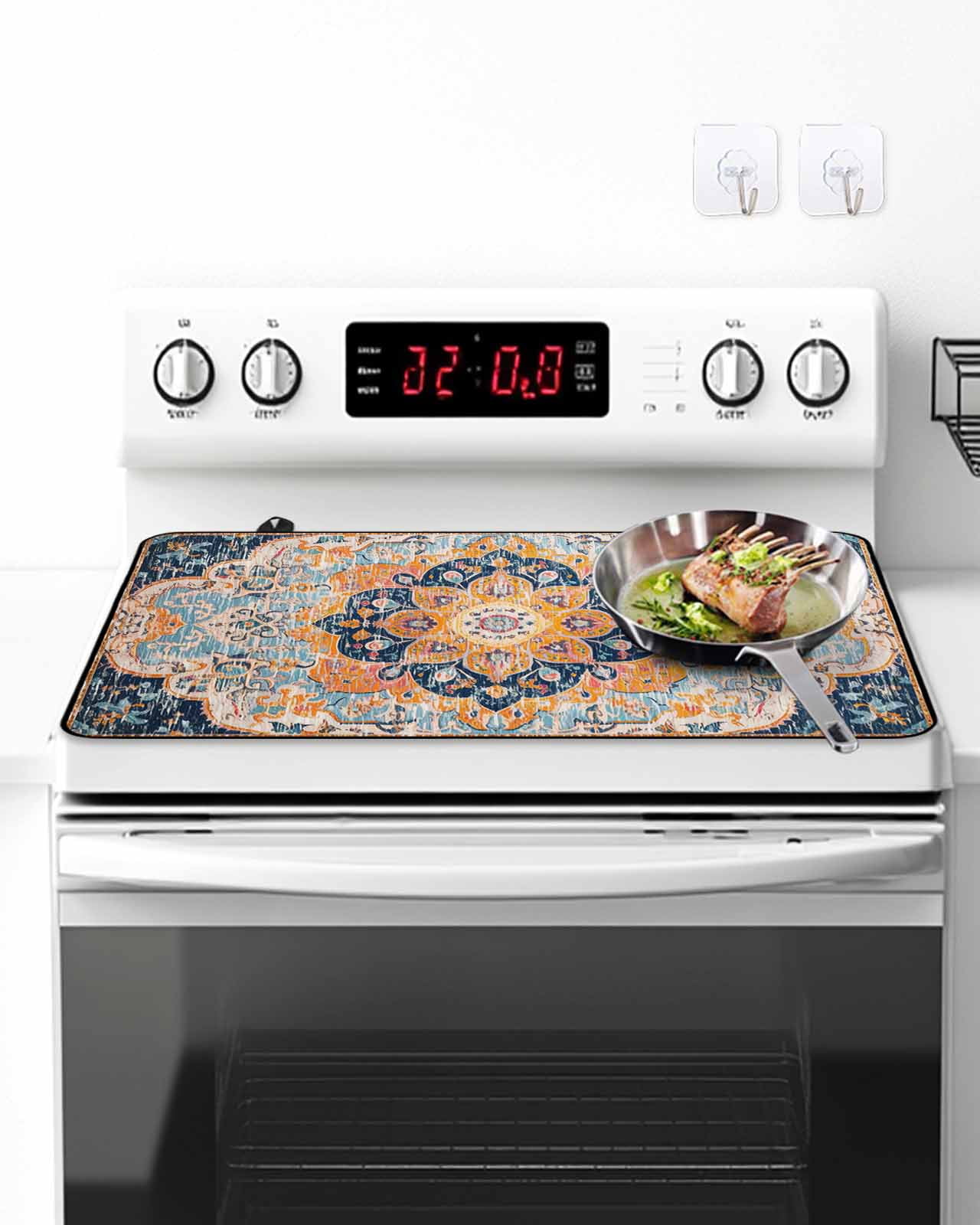 Stove Top Covers for Electric Stove, Blue Glass Stovetop Cover Protector, Ethnic Middle Century Geometric Abstract Western Induction Cooktop Protector Oven Mat for Kitchen Countertop 24"x21"