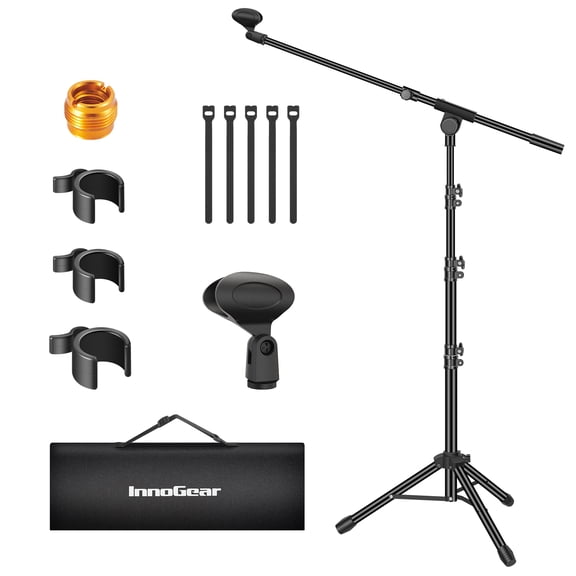 InnoGear Tripod Microphone Stand Floor, Height Adjustable Floor Mic Stand Tripod Boom Arm with Mic Clip Carrying Bag 3/8" to 5/8" Adapter for Podcast