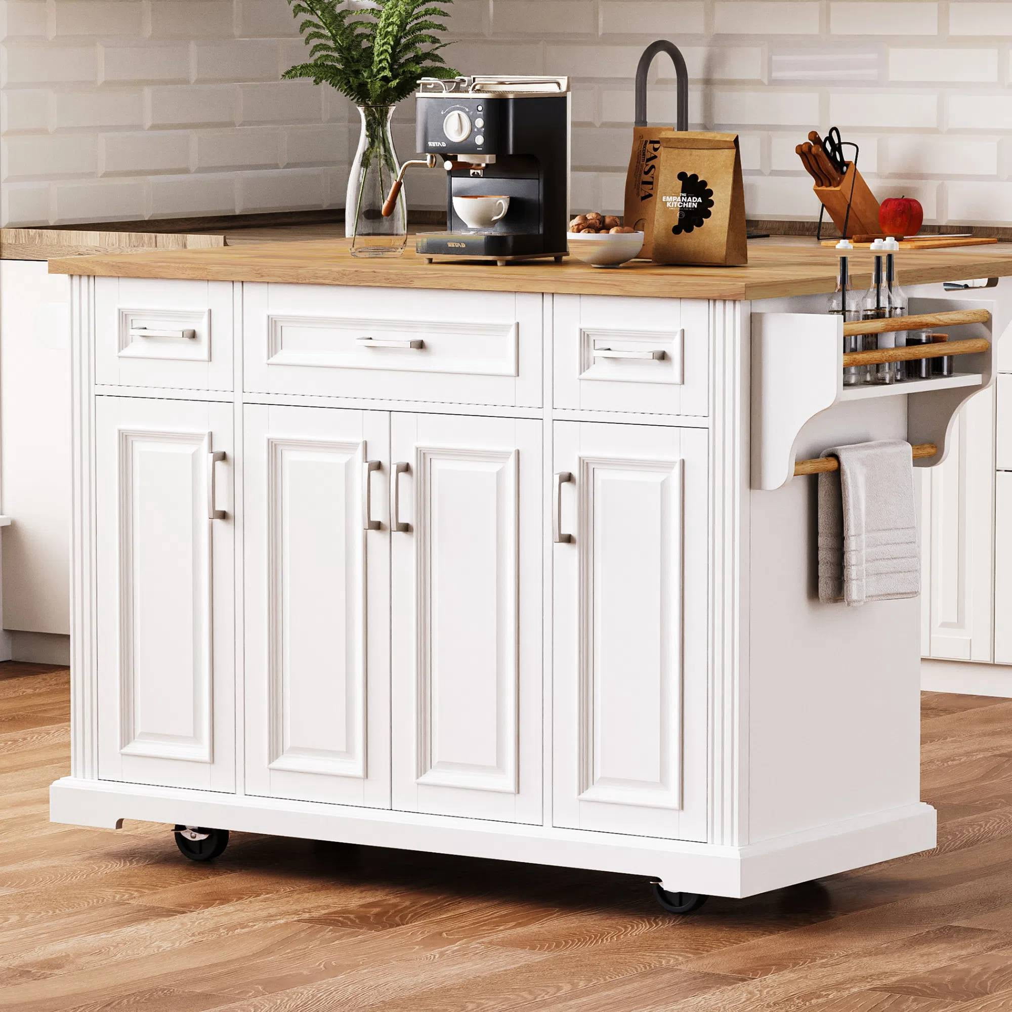 EUROCO 54" Large Kitchen Island with Rubber Wood Drop Leaf,Embossed Texture Rolling Kitchen Cart on Wheels with 4 Doors and 3 Drawers,Kitchen Island with Storage for Kitchen, Dining Room,White