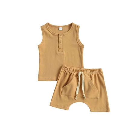 

Sunisery 2PCS Newborn Baby Boys Girls Sleeveless Solid Tank Top Jogger Shorts Summer Outfits Khaki 0-6 Months