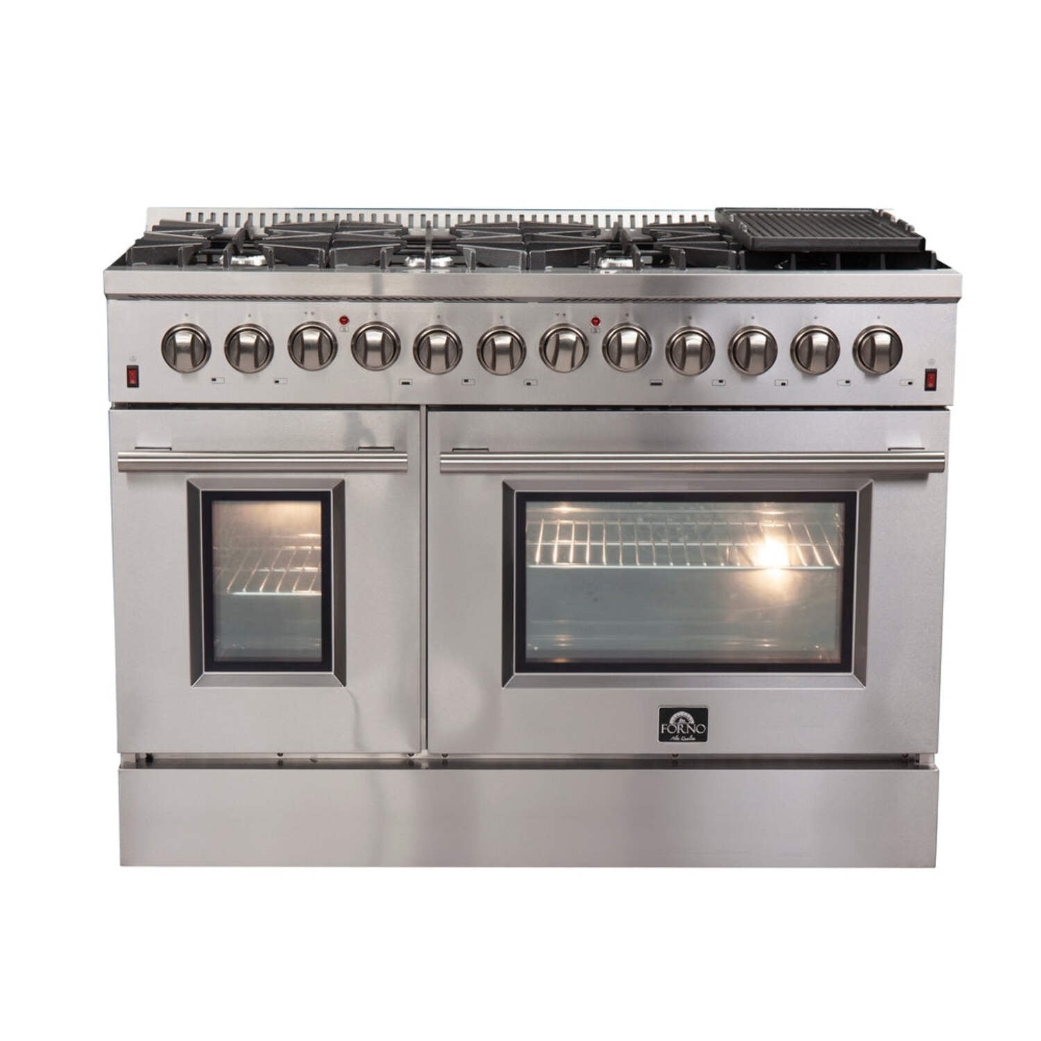 FORNO Premium 3-Piece Kitchen Bundle - FORNO Galiano 48" Freestanding Dual Fuel Range, FORNO Rizzuto 60" W. Dual Combo Convertible Refrigerator, FORNO 48" Wall Mount Range Hood